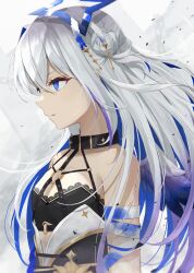 Rule 34 | 1girl, absurdres, amane kanata, amane kanata (another world), angel wings, asymmetrical hair, bandaged arm, bandages, black bra, black collar, blue eyes, blue hair, blue wings, bra, chest harness, collar, colored inner hair, commentary request, fallen angel, feathered wings, flat chest, from side, gradient hair, gradient wings, grey hair, hair bun, halo, harness, highres, hololive, long hair, mini wings, multicolored hair, multicolored wings, norio (noriosub), o-ring, o-ring top, official alternate costume, official alternate hair length, official alternate hairstyle, parted lips, profile, single hair intake, solo, star halo, strapless, strapless bra, streaked hair, underwear, upper body, very long hair, virtual youtuber, white wings, wings