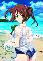 Rule 34 | 10s, 1girl, ass, bow, brown hair, double bun, kantai collection, kusakabe rei, looking at viewer, looking back, michishio (kancolle), one-piece swimsuit, see-through, shirt, short hair, solo, swimsuit, swimsuit under clothes, water, wet, wet clothes, wet shirt, wringing clothes