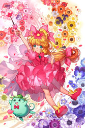 Rule 34 | 1990s (style), 1girl, blonde hair, bow, bowtie, copyright name, dress, eclosion, flower, green eyes, hana no mahoutsukai mary bell, long hair, mary bell, petals, tambourine (mary bell), very long hair, wand