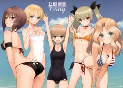 Rule 34 | 10s, 5girls, :d, absurdres, american flag bikini, american flag print, anchovy (girls und panzer), armpits, arms up, ass, bent over, between breasts, bikini, black bikini, blonde hair, blue bikini, breasts, brown eyes, brown hair, casual one-piece swimsuit, choker, cleavage, contrapposto, covered erect nipples, covered navel, darjeeling (girls und panzer), day, dog tags, drill hair, fangs, flag print, front-tie bikini top, front-tie top, girls und panzer, gluteal fold, green hair, grin, hair between eyes, hands on own chest, highleg, highleg swimsuit, highres, horizon, katyusha (girls und panzer), kay (girls und panzer), large breasts, leaning forward, light smile, looking at viewer, medium breasts, mismatched bikini, multiple girls, nishizumi maho, one-piece swimsuit, open mouth, orange bikini, outdoors, outstretched hand, parted bangs, print bikini, red eyes, scan, school swimsuit, short hair, side-tie bikini bottom, smile, standing, strap slip, swimsuit, tony taka, twin drills, twintails, v-shaped eyebrows, white one-piece swimsuit