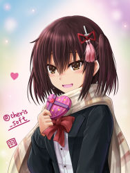 Rule 34 | 10s, 1girl, :d, alternate costume, blouse, blush, bow, bowtie, box, brown eyes, brown hair, buttons, candy, chocolate, chocolate heart, food, hair between eyes, hair ornament, haura akitoshi, heart, heart-shaped box, holding, kantai collection, long sleeves, looking at viewer, open mouth, personification, red bow, red bowtie, scarf, school uniform, sendai (kancolle), sendai kai ni (kancolle), shirt, short hair, smile, solo, striped clothes, striped scarf, twitter username, two side up, upper body, valentine, white shirt