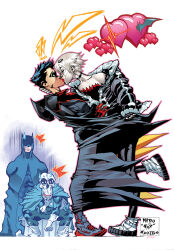 Rule 34 | 1girl, 1other, 2boys, batman, batman (series), cape, character request, comic cover, commentary, couple, dc comics, english commentary, father and son, femdom, heart, highres, kiss, multiple boys, robin (dc), scared, sweatdrop, western comics (style), white background, williamson josh
