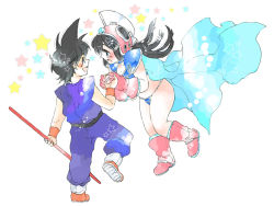 Rule 34 | 1boy, 1girl, :d, aqua cape, armor, bikini, bikini armor, black eyes, black hair, blue eyes, blush, boots, cape, chi-chi (dragon ball), dougi, dragon ball, dragon ball (classic), facing away, fingernails, floating, floating hair, full body, gloves, holding hands, happy, helmet, holding, holding weapon, long hair, messy hair, ruyi jingu bang, open mouth, pale color, pastel colors, pink footwear, pink gloves, profile, red footwear, simple background, smile, son goku, spiked hair, standing, standing on one leg, star (symbol), starry background, straight hair, swimsuit, utai yumi, weapon, white background, wristband