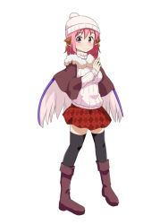 Rule 34 | 1girl, alternate costume, animal ears, bird wings, black thighhighs, boots, brown capelet, brown footwear, capelet, cato (monocatienus), commentary, earrings, full body, fur collar, hat, jewelry, knee boots, long hair, long sleeves, mystia lorelei, pink eyes, pink hair, red skirt, ribbed sweater, simple background, skirt, solo, sweater, thighhighs, touhou, white background, white hat, white sweater, wings, winter clothes, zettai ryouiki