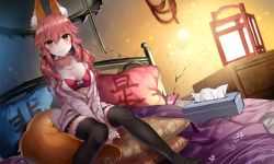 Rule 34 | 10s, 1girl, animal ears, bad id, bad pixiv id, bed, bed sheet, bedroom, black thighhighs, blanket, blush, bow, bow bra, bra, breasts, brown eyes, cleavage, closed mouth, collarbone, crevice, dutch angle, eyebrows, fate/extra, fate (series), fox ears, hair between eyes, indoors, jewelry, kanji, lamp, lantern, light, long sleeves, looking at viewer, low twintails, necklace, official alternate costume, on bed, own hands together, pendant, pink bow, pink hair, pocket, red bra, shirako miso, sitting, sitting on pillow, smile, solo, striped, tamamo (fate), tamamo no mae (fate/extra), tamamo no mae (spring casual) (fate), tassel, thighhighs, tissue box, twintails, underwear, unzipped, v arms, whip, yes-no pillow, zettai ryouiki, zipper