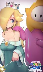 Rule 34 | 1girl, 1other, aqua dress, bare shoulders, blonde hair, blue eyes, breasts, copyright name, crown, dress, hair over one eye, hand on another&#039;s shoulder, highres, holding, holding wand, kashu (hizake), long hair, long sleeves, luma (mario), mario (series), medium breasts, nintendo, off-shoulder dress, off shoulder, rosalina, super mario galaxy, sweatdrop, upper body, wand, wide sleeves