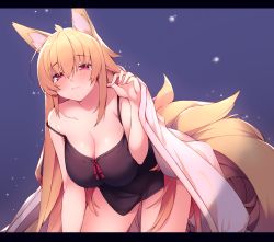 Rule 34 | 1girl, animal ear fluff, animal ears, bare arms, bare shoulders, black shirt, blanket, blonde hair, breasts, camisole, cleavage, closed mouth, collarbone, fox ears, fox girl, fox tail, hand up, haruyuki (yukichasoba), kitsune, large breasts, leaning forward, letterboxed, long hair, looking at viewer, original, pink eyes, shirt, sleeveless, sleeveless shirt, solo, strap slip, tail, tears, thighs, very long hair