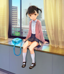 Rule 34 | 1girl, apartment, architecture, arm support, arms at sides, bag, black skirt, blush, brown eyes, brown hair, building, buttons, cardigan, child, city, cityscape, collared shirt, curtains, day, flat chest, foot dangle, full body, handbag, highres, indoors, landscape, long sleeves, looking at viewer, mary janes, open cardigan, open clothes, open mouth, original, plant, pleated skirt, power lines, reflection, school uniform, shirt, shoes, short twintails, sitting, skirt, sky, smile, socks, sody, solo, tree, twintails, two side up, white shirt, white socks, window, wing collar