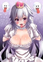 Rule 34 | 1girl, bad id, bad twitter id, blush, boo (mario), breasts, cleavage, collar, collarbone, commentary request, detached collar, dress, elbow gloves, fangs, frilled collar, frilled dress, frilled gloves, frilled sleeves, frills, ghost, ghost pose, gloves, hair between eyes, highres, honoka chiffon, large breasts, long hair, looking at viewer, luigi&#039;s mansion, mario (series), new super mario bros. u deluxe, nintendo, open mouth, princess king boo, red eyes, sharp teeth, smile, solo, super crown, teeth, tongue, tongue out, upper body, very long hair, white dress, white gloves