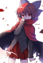Rule 34 | 1girl, black shirt, blurry, blurry background, bow, cloak, covered mouth, cowboy shot, hair between eyes, hair bow, long sleeves, looking at viewer, mauve, one-hour drawing challenge, pleated skirt, red eyes, red hair, ribbon-trimmed shirt, sekibanki, shade, shirt, short hair, simple background, skirt, solo, standing, touhou, twitter username, white background