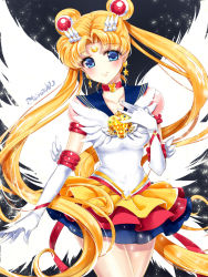 Rule 34 | 1girl, bishoujo senshi sailor moon, bishoujo senshi sailor moon sailor stars, blonde hair, blue eyes, blue sailor collar, blush, brooch, choker, closed mouth, cowboy shot, crescent, crescent facial mark, double bun, earrings, elbow gloves, eternal sailor moon, facial mark, forehead mark, gloves, hair bun, hair ornament, hairpin, hand on own chest, heart, heart brooch, highres, jewelry, layered skirt, long hair, looking at viewer, magical girl, no nose, parted bangs, red neckwear, sailor collar, sailor moon, shirataki kaiseki, signature, skirt, smile, solo, tsukino usagi, twintails, white gloves, white wings, wing brooch, wings