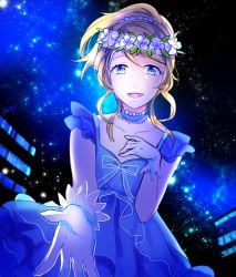 Rule 34 | 10s, 1girl, ayase eli, blonde hair, blue dress, blue eyes, chips (artist), dress, flower, flower on head, flower wreath, frilled dress, frills, gloves, hair ornament, hand on own chest, head wreath, idol, long hair, looking at viewer, love live!, love live! school idol project, ponytail, pov, reaching, scrunchie, short sleeves, smile, solo, white gloves, yume no tobira