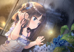 Rule 34 | 1girl, blue eyes, blush, brown hair, collarbone, dress, highres, ifnil, indoors, looking away, original, parted lips, rain, scrunchie, solo, wet, wet clothes, wet dress, white dress