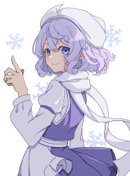 Rule 34 | 1girl, absurdres, apron, blue eyes, blue skirt, blue vest, closed mouth, hair between eyes, hat, highres, kame (kamepan44231), letty whiterock, light purple hair, long sleeves, looking at viewer, one-hour drawing challenge, shirt, short hair, skirt, smile, snowflakes, solo, touhou, vest, waist apron, white apron, white hat, white shirt