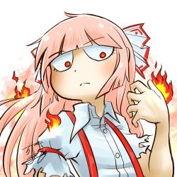Rule 34 | 1girl, arm garter, profile picture, bow, burning, chamaji, claw pose, close-up, collared shirt, dress shirt, from below, fujiwara no mokou, hair bow, hand up, hime cut, long hair, looking down, lowres, partially unbuttoned, red eyes, shirt, signature, solo, suspenders, torn clothes, torn sleeves, touhou, upper body, white hair, wide-eyed, wing collar
