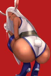 Rule 34 | 1girl, absurdres, animal ears, ass, ass focus, bare shoulders, boku no hero academia, clothing cutout, dark-skinned female, dark skin, from behind, gloves, heattech leotard, highres, huge ass, leotard, long hair, looking at viewer, looking back, mirko, parted bangs, purple thighhighs, rabbit ears, rabbit girl, rabbit tail, red background, red eyes, rocklow, simple background, sitting, sleeveless, smile, solo, squatting, tail, tail through clothes, thighhighs, turtleneck, white gloves, white hair