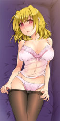 Rule 34 | 00s, 1girl, blonde hair, breasts, camisole, cleavage, clothes pull, couch, large breasts, lingerie, lying, lyrical nanoha, mahou shoujo lyrical nanoha, mahou shoujo lyrical nanoha a&#039;s, mahou shoujo lyrical nanoha strikers, navel, on back, panties, pantyhose, pantyhose pull, pucho, red eyes, shamal, short hair, solo, underwear