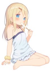 Rule 34 | 1girl, arm support, bare arms, bare shoulders, barefoot, blonde hair, blue eyes, blush, breasts, dress, eating, food, full body, hair between eyes, hair ornament, hairclip, holding, holding food, ice cream, long hair, looking away, muku (muku-coffee), original, simple background, sitting, sleeveless, sleeveless dress, small breasts, solo, strap slip, wariza, white background, white dress