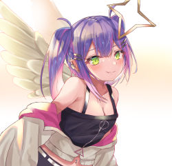 Rule 34 | 1girl, angel, angel wings, blush, breasts, cleavage, collarbone, commentary request, green eyes, hair ornament, hairclip, hololive, looking at viewer, navel, portrait, purple hair, smile, solo, tokoyami towa, tokoyami towa (1st costume), twintails, virtual youtuber, white background, wings
