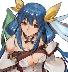 Rule 34 | 1girl, angel wings, asymmetrical wings, bare shoulders, belt, blue hair, breast press, breasts, buttons, choker, cleavage, closed mouth, detached collar, detached sleeves, dizzy (guilty gear), guilty gear, guilty gear xrd, hair between eyes, hair ribbon, hair rings, large breasts, long hair, looking at viewer, mature female, monster girl, multiple belts, profile, red eyes, ribbon, simple background, skindentation, smile, solo, twintails, uncle rabbit ii, upper body, white background, wide sleeves, wings, yellow ribbon