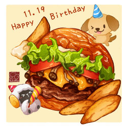 Rule 34 | &gt; &lt;, &gt; o, animal, artist logo, bread, burger, cheese, dated, dog, fast food, food, food focus, french fries, happy birthday, hat, highres, lettuce, mayonnaise, meat, mushroom, no humans, one eye closed, original, party hat, sheep, tomato, tongue, tongue out, undersized animal, yuki00yo