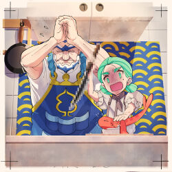 Rule 34 | &gt; &lt;, 1boy, 1girl, aged down, apron, ascot, bald, beard, brown ascot, censored, censored violence, chef, closed eyes, closed mouth, creatures (company), facial hair, frying pan, game freak, green eyes, highres, how long, katy (pokemon), kofu (pokemon), light green hair, mole, mole on cheek, mole under eye, nintendo, open mouth, own hands together, pokemon, pokemon (creature), pokemon sv, puffy short sleeves, puffy sleeves, short sleeves, tatsugiri, tatsugiri (curly), unibrow, wavy mouth, white hair
