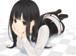 Rule 34 | 1girl, ama mitsuki, ass, belt, black hair, black thighhighs, blurry, brown eyes, checkered floor, depth of field, foreshortening, head rest, long sleeves, looking at viewer, lying, on stomach, original, shirt, shorts, simple background, solo, thighhighs, vest, white shirt, zettai ryouiki