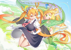 Rule 34 | 2girls, blonde hair, blush, breasts, character request, commentary request, crossover, dragon girl, dragon horns, dragon tail, gloves, hair between eyes, horns, kobayashi-san chi no maidragon, large breasts, long hair, long tail, maid, maid headdress, multiple girls, open mouth, parted bangs, ponytail, qys3, scales, smile, tail, tohru (maidragon), twintails, very long hair, white gloves