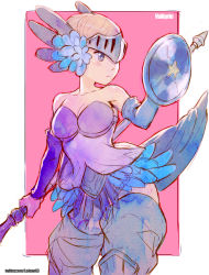 Rule 34 | 1girl, absurdres, armor, armored dress, blonde hair, breasts, closed mouth, commentary, commission, commissioner upload, dress, helmet, highres, odin sphere, off-shoulder shirt, off shoulder, polearm, rejean dubois, shirt, short hair, solo, spear, thighhighs, valkyrie, vanillaware, weapon, winged helmet