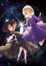 2girls :d absurdres ankle_socks black_capelet black_footwear black_hat black_skirt blonde_hair bow brown_eyes brown_hair capelet closed_mouth collared_shirt commentary_request fedora floating galaxy gears happy hat hat_bow highres holding_hands long_skirt long_sleeves maribel_hearn mob_cap multiple_girls open_mouth purple_shirt purple_skirt red_ribbon ribbon ribbon-trimmed_capelet ribbon_trim shirt skirt sky smile socks star_(sky) star_trail starry_sky touhou usami_renko user_ghdz3845 white_footwear white_hat white_shirt white_socks yellow_eyes