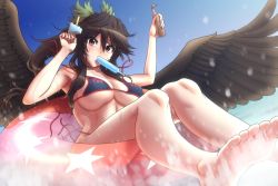 Rule 34 | 1girl, barefoot, bikini, black bikini, black hair, blue sky, bottle, bow, breasts, clenched hands, covered erect nipples, day, feet, food, food in mouth, hair bow, highres, ice cream, innertube, kezune (i- -i), large breasts, mouth hold, outdoors, perspective, ponytail, popsicle, red eyes, reiuji utsuho, side-tie bikini bottom, sky, soles, splashing, string bikini, swim ring, swimsuit, thighs, toes, touhou, underboob, untied bikini, ward (league of legends), water, wings