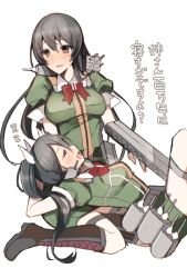 Rule 34 | 10s, 2girls, black hair, boots, breasts, brown eyes, cannon, catapult, chikuma (kancolle), cross-laced footwear, dress, closed eyes, hair ribbon, kantai collection, knee boots, lace-up boots, lap pillow, large breasts, long hair, medium breasts, multiple girls, open mouth, personification, ribbon, smile, tetsubuta, text focus, tone (kancolle), turret, twintails, zzz