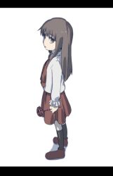 Rule 34 | 1girl, black socks, brown eyes, brown hair, collared shirt, flower, from side, full body, highres, holding, holding flower, ib (ib), ib (kouri), long hair, long sleeves, looking at viewer, marutei2, open mouth, red flower, red footwear, red rose, red skirt, rose, shirt, shoes, simple background, skirt, socks, solo, standing, white background, white shirt