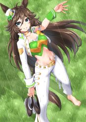 Rule 34 | 1girl, animal ears, arm strap, barefoot, blue eyes, blue sky, bow, breasts, brown hair, choker, cloud, commentary, crop top, cropped jacket, day, foot out of frame, green bow, green shirt, hair between eyes, hat, hat bow, highres, horse ears, horse girl, horse tail, jacket, long hair, long sleeves, looking at viewer, medium breasts, midriff, mini hat, mini top hat, mr. c.b. (umamusume), musan (mu34mi), navel, open clothes, open jacket, outdoors, pants, shirt, shoes, single sleeve, sky, smile, solo, standing, stomach, strapless, strapless shirt, tail, top hat, umamusume, unworn shoes, very long hair, white hat, white jacket, white pants, yellow choker
