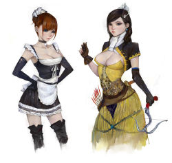 Rule 34 | 2girls, amatiz, apron, bad id, black hair, blue eyes, bow (weapon), breasts, choker, cleavage, crossbow, dress, earrings, elbow gloves, gloves, grey eyes, jewelry, large breasts, maid, maid apron, md5 mismatch, multiple girls, original, red hair, thighhighs, weapon, zettai ryouiki