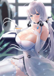 Rule 34 | 1girl, absurdres, ahoge, anchor symbol, azur lane, bare shoulders, blue eyes, blurry, blurry background, blush, breasts, cleavage, comichipota, commentary, cowboy shot, cup, detached collar, dress, elbow gloves, garter straps, gloves, hair ribbon, hand on own chest, hat, unworn hat, unworn headwear, highres, holding, holding cup, huge breasts, illustrious (azur lane), indoors, jewelry, light particles, lips, long hair, looking at viewer, mole, mole under eye, off-shoulder dress, off shoulder, parted lips, pendant, petals, ribbon, silver hair, sitting, smile, solo, sunlight, teacup, twintails, white dress, white gloves, white ribbon, window