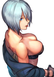 Rule 34 | 1girl, angel (kof), black jacket, blue eyes, bra, breasts, cropped jacket, fingerless gloves, gloves, hair over one eye, hinoru saikusa, jacket, large breasts, leather, leather jacket, long sleeves, looking at viewer, looking back, open clothes, open jacket, sideways glance, smile, snk, solo, strapless, strapless bra, the king of fighters, the king of fighters xiv, toned, tongue, tongue out, underwear, unzipped, white hair