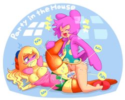 Rule 34 | 1boy, 1girl, blonde hair, blush stickers, bottomless, breasts, cleavage, clitoris, clothed sex, covered erect nipples, curvy, eyelashes, closed eyes, fumu, fumu (kirby), green eyes, happy sex, hetero, highres, indoors, jacket, kirby, kirby: right back at ya, kirby (series), large breasts, leg grab, leg up, long hair, lying, minuspal, motion lines, navel, nintendo, on side, one eye closed, open mouth, penis, personification, pink hair, ponytail, pussy, pussy juice, saliva, sandals, sex, speech bubble, tears, testicles, thighhighs, uncensored, vaginal, wide hips
