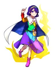 Rule 34 | 1girl, :3, arm up, bag, black sash, blue eyes, blue hair, boots, bow, buttons, cape, cloud print, dress, footwear bow, full body, hairband, highres, holding, holding bag, index finger raised, long sleeves, multicolored clothes, multicolored dress, multicolored hairband, pink footwear, rainbow gradient, sash, satchel, simple background, sky print, solo, speckticuls, standing, tenkyuu chimata, touhou, transparent background, two-sided cape, two-sided fabric, white background, white cape, zipper, zipper pull tab