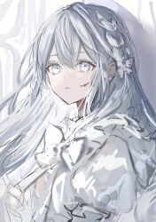 Rule 34 | 1girl, absurdres, blood, blood on face, bow, braid, dress, gawako, grey eyes, grey hair, highres, long hair, looking at viewer, original, sketch, solo, upper body, white bow, white dress