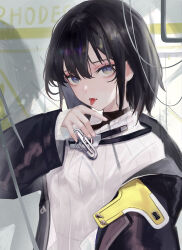 Rule 34 | 1girl, absurdres, arknights, arknights: endfield, black hair, black jacket, c1718259, commentary request, endministrator (arknights), female endministrator (arknights), grey eyes, highres, jacket, long sleeves, looking at viewer, open clothes, open jacket, ribbed sweater, short hair, solo, sweater, tongue, tongue out, upper body, white sweater