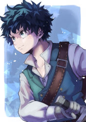 Rule 34 | 1boy, absurdres, alternate costume, blue background, boku no hero academia, border, buttons, closed mouth, cowboy shot, curly hair, freckles, gloves, green eyes, green hair, green vest, highres, holding, holding sword, holding weapon, long sleeves, looking ahead, male focus, medieval, midoriya izuku, multicolored background, r1014-chopper, sheath, sheathed, shirt, short hair, solo, sword, vest, weapon, white border, white shirt