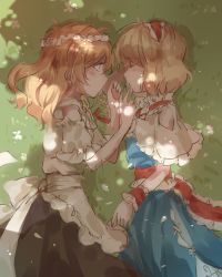 Rule 34 | 2girls, adapted costume, alice margatroid, apron, bad id, bad pixiv id, black skirt, blonde hair, blue dress, blush, bow, braid, capelet, couple, cowboy shot, dappled sunlight, day, detached sleeves, dress, finger to another&#039;s mouth, flower, frilled apron, frills, hair bow, hairband, kirisame marisa, long hair, long skirt, looking at another, lying, meng ziya, multiple girls, on grass, on side, outdoors, petals, profile, ribbon, shirt, short hair, single braid, sketch, skirt, sleeping, smile, sunlight, touhou, waist apron, white shirt, wreath, wrist cuffs, yuri