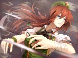 Rule 34 | 1girl, aqua eyes, bad id, bad pixiv id, bandages, blood, blood on face, braid, china dress, chinese clothes, dress, fami (yellow skies), grazing, green dress, hat, hong meiling, knife, long hair, puffy short sleeves, puffy sleeves, red hair, scratches, shirt, short sleeves, solo, star (symbol), throwing knife, touhou, twin braids, upper body, very long hair, weapon