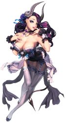 Rule 34 | 1girl, alternate costume, arched back, bare shoulders, bent over, blue eyes, breasts, chaos online, choker, cleavage, collarbone, demon girl, demon horns, demon tail, earrings, eyeshadow, female focus, finger to mouth, fishnet thighhighs, fishnets, flower, frilled thighhighs, frills, full body, garter straps, hair flower, hair ornament, hair ribbon, highres, horns, jewelry, large breasts, lips, long hair, love cacao, lucifer (chaos online), makeup, official art, parted lips, purple hair, ribbon, shoes, smile, solo, tail, thighhighs, transparent background