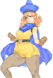 Rule 34 | 1girl, alena (dq4), belt, blue eyes, cape, chunsoft, clenched hand, clenched hands, curly hair, dragon quest, dragon quest iv, dress, enix, fighting stance, gloves, hat, kyuraa (kyura9een), legs, long hair, orange hair, pantyhose, solo, square enix