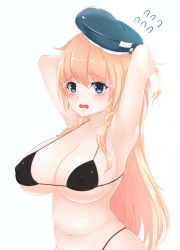 Rule 34 | 10s, 1girl, arms behind head, atago (kancolle), bad id, bad pixiv id, beret, bikini, black bikini, blonde hair, blue eyes, blush, breasts, female focus, hat, highres, kantai collection, large breasts, long hair, navel, open mouth, ra coon, simple background, solo, swimsuit, tears, white background