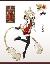 Rule 34 | 1girl, absurdres, animal ears, armlet, bare shoulders, black footwear, black gloves, blonde hair, boots, burger, chinese commentary, collar, color guide, commentary request, eyelashes, food, french fries, full body, gloves, gradient background, hair bun, high heel boots, high heels, highres, horizontal pupils, letterboxed, mechanical tail, mouse ears, original, outstretched arms, personification, plate, receipt, red collar, red romper, reference inset, romper, short hair, simple background, single hair bun, solo, tail, thigh boots, wcdonald&#039;s, white background, wo jiji, yellow eyes