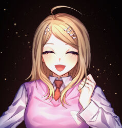 Rule 34 | 1girl, :d, ^ ^, absurdres, ahoge, akamatsu kaede, black background, blonde hair, blush, clenched hand, closed eyes, collared shirt, commentary request, danganronpa (series), danganronpa v3: killing harmony, dark, eyelashes, facing viewer, fortissimo, hair ornament, hand up, highres, large pectorals, light blush, long hair, long sleeves, musical note, musical note hair ornament, necktie, open mouth, pectorals, pink sweater vest, red necktie, school uniform, shimazu., shirt, simple background, smile, solo, straight-on, straight hair, sweater vest, upper body, white shirt