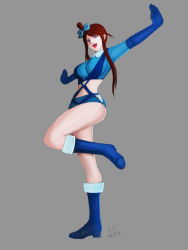 Rule 34 | 10s, 1girl, blue footwear, boots, breasts, creatures (company), dated, elbow gloves, flower, full body, game freak, gloves, gym leader, hair flower, hair ornament, highres, large breasts, lt, nintendo, outstretched arms, pokemon, pokemon bw, purple eyes, red hair, short hair, short shorts, shorts, sidelocks, signature, simple background, skyla (pokemon), smile, solo, spread arms, standing, standing on one leg, topknot